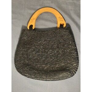 Retro Wooden Handled Black Natural Woven Wicker Vintage Style Hand Bag